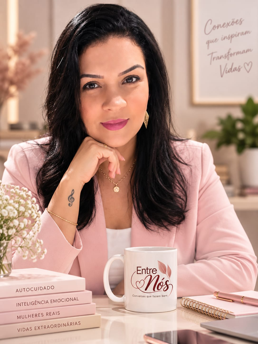 Sílvia com a caneca Entre Nós — Conversas que fazem bem